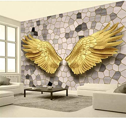 Papier Peint 3D Moderne, Auto-Adhésif Et Amovible Mosaïque D'Ailes D'Ange D'Or Peintures Murales Peel And Stick Stickers Muraux Pour Salon Chambre Décoration Murale Affiches Murales Amov 350 x 256 cm