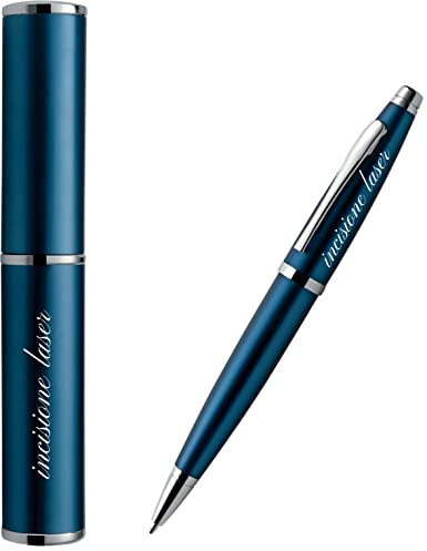 Penna personalizzata a sfera meccanismo a rotazione corpo e cappuccio personalizzati con incisione laser - messaggio auguri gratuito - refil ricarica blu o nera - idea regalo (Blu)