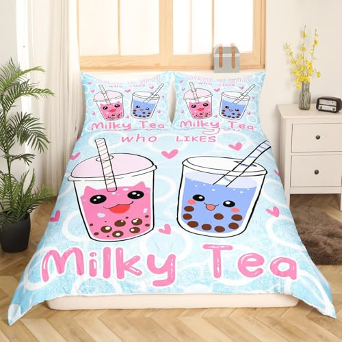 Loussiesd Boba Betten Set Boba Bettbezug Set Kawaii Bubble Tea Stuffed Bettwäsche Set 135x200cm für Kinder Erwachsene Cartoon Boba Bettdeckenbezug Bettwäsche Reißverschluss