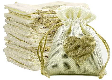 Jutesäckchen, 20 Stück Jute Beutel mit Kordelzug, Herz Leinen-Säckchen, Sackleinen Taschen, Baumwolle Kleine Beutel für Schmuck DIY Handwerk Hochzeit Party Weihnachte 10x15cm