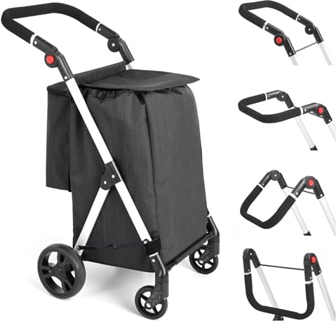 LEUYA ABC Chariot de courses pliable à 4 roues en aluminium léger avec sac isotherme isolé, stable et facile à ranger (noir)