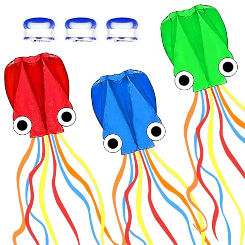 Mint's Colorful Life 3 Pack Octopus Kite, Large 3D Software Kites for Kids and Adults with Long Tail, Huge Easy Flyer Kites for Beach Trip Family Games and Activities (Red&Green&Blue)