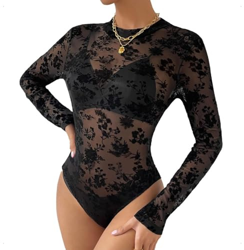 EMOTTOS Body de encaje sexy para mujer, malla de rejilla con estampado flocado, manga larga, cuello redondo, body para mujer, leotardo sexy para mujer, ropa de club(BLACK-L)