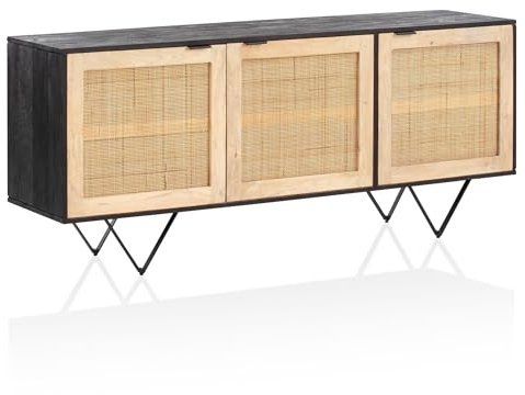 Massivholz Design Sideboard FineBuy 175cm Mango Kommode mit 3 Rattan Wiener Geflecht Türen Schwarz Braun