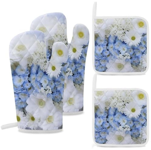 Ofenhandschuhe und Topflappen, 4-teiliges Set, Küchenhandschuhe, hitzebeständig, heiße Pads, schöne weiße blaue Blumen, dicke Ofenhandschuhe, rutschfeste Topflappen, extra lange Kochhandschuhe zum