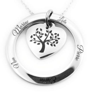 Lyly'S Collier personnalisé arbre de vie acier inoxydable cadeaux fête des mères prénom or argent or rose Noël (Argent)