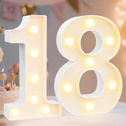Decorative Led Light Up Number Letters, White Plastic Marquee Number Lights Sign for 18th Birthday Party Wedding Decor Battery Operated Numbers (18)