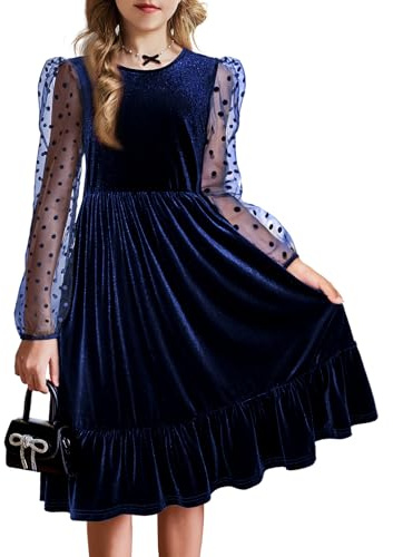 Arshiner Vestito in Velluto da Ragazza a Maniche Lunghe Casual Tinta Unita a Linea per Ballo, Sera e Festa Con Tasche - Blu 6-7 Anni