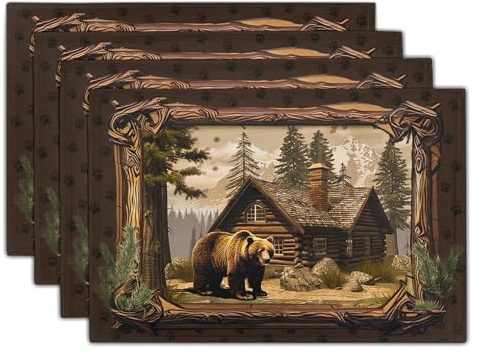 Bear Placemats Set of 4 - Lodge Cabin Place Mats 12x18 Inch Rustic Farmhouse Wild Animal Table Mats Country Woodland Kitchen Mats for Dining Table