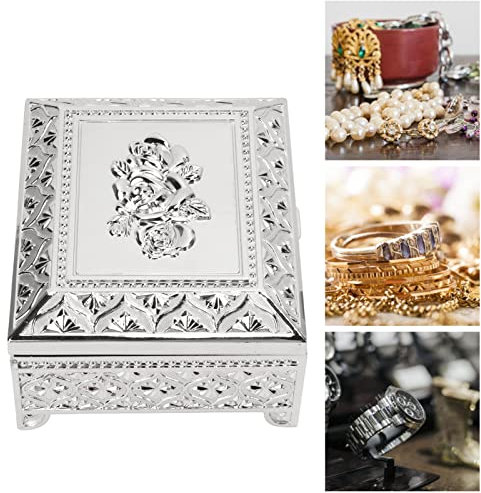 NSXAYIWE Schmuckkästchen, Vintage-Rosenmuster, geprägt, einlagig, Flip-Top, Zinklegierung, Schmuck-Aufbewahrungsbox, Geschenkbox für Frauen und Mädchen (Silber)