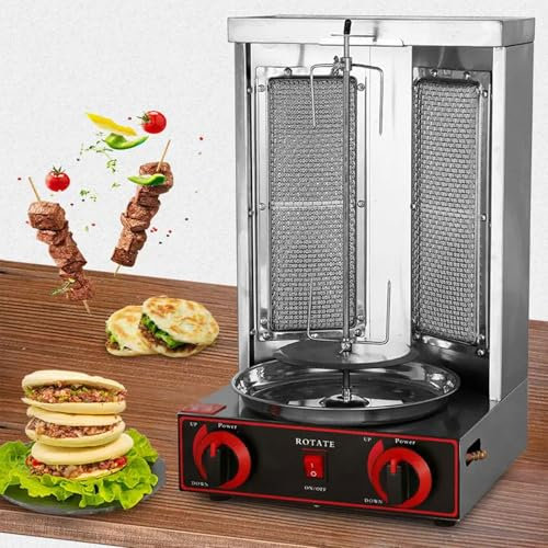 Commercial Gas Doner Kebab Machine, Automatic Rotating Stainless Steel Barbecue Grill with 2 Burners Temperature Adjustment 50-300℃, Electric Vertical Broiler Gyro Meat Rotisserie for Restaurants