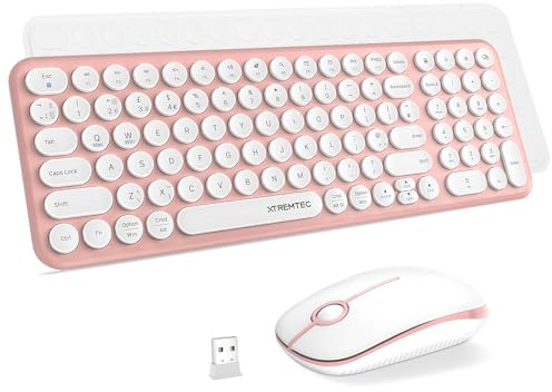 XTREMTEC Wireless Keyboard and Mouse set,Compact Size Cute Keyboard Retro Round Key cap-2.4GHz Ultra-Slim Quiet Aesthetic for Mac OS,Windows Computer Laptop-UK Layout(Sakura Pink)