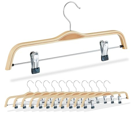 Relaxdays Perchas para Pantalones y Faldas, Pack de 12, con Gancho Móvil y Giratorio, Largo 37,5 cm, Natural y Plateado
