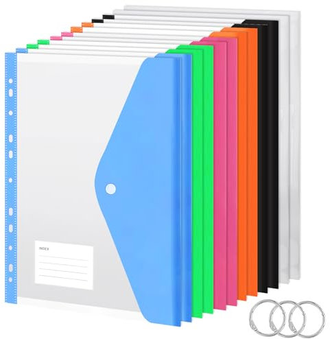 BOENFU Dokumententasche A4 Abheftbar, 12 Stück Dokumentenmappe A4 zum Abheften, Wasserdicht Erweiterbare Mappen mit Druckknopf, 11 Löcher Umschlagmappen, 6 Farben