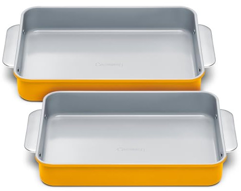 Caraway Non-Stick Ceramic 9”x13” Rectangle Pan Duo - Naturally Slick Ceramic Coating - Non-Toxic, PTFE & PFOA Free - Perfect for Brownies, Lasagnas, and More - Marigold