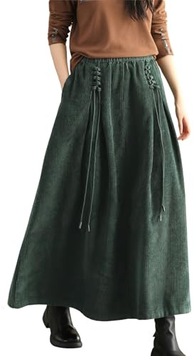 chouyatou Women's Fall Winter Tie Knot Elastic High Waist A Line Corduroy Long Midi Skirt with Pockets (X-Large,Green)