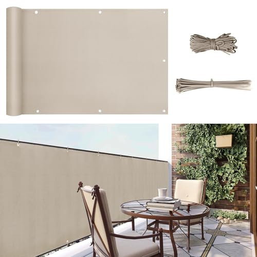 Sunula Balkon Sichtschutz Blickdicht 75x600cm, PES Balkonverkleidung Windschutz Ohne Bohren, Balkonsichtschutz mit Nylon Kabelbinder und Kordel, Patentierte Reißfeste Ösen, Wetterfest, Taupe