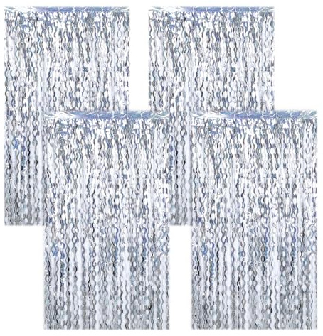 4 Stück Lametta Vorhang Silber Glitzervorhang Lametta Glitzer Vorhang Silberhochzeit Deko Vorhang Fotovorhang Jugendweihe/Geburtstagsdeko Party Glitzer Geburtstag Party Dekoration(1 m x 2 m) (Silber)