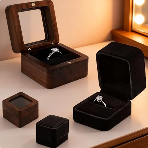 FAINCA 2 Stück Ringschachtel 5,5x5,5x4cm Holz Ringschatulle mit Schwarzem | Samt Ringkissen für Heiratsantrag Verlobung Hochzeit Lagerung Ringschatulle Heiratsantrag Romantisches (Einzelsteckplatz)