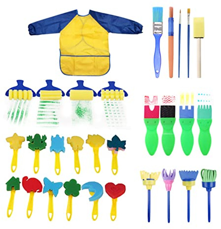 Sanfoelek 30PCS Children Paintbrushes Washable Paint Brushes Sponge Painting Brush Set with Apron for Toddler Kids Early DIY Learning Toys Finger Paints sponges Art Supplies s for Acrylic Crafts Rock