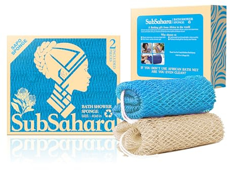 SubSahara Authentic African Net Sponge - 2 Pack Exfoliating Bath & Shower Loofah Sponge for Body & Face, Gentle Scrubber for All Skin Types, Travel, Durable (Linen & Sky Blue)