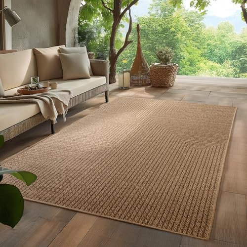 HomebyHome In- & Outdoor Teppich robust, wetterfest & pflegeleicht im natürlichen Jute-Look, ideal für Wohnzimmer, Küche, Terrasse, Garten und Balkon, 120x170 cm
