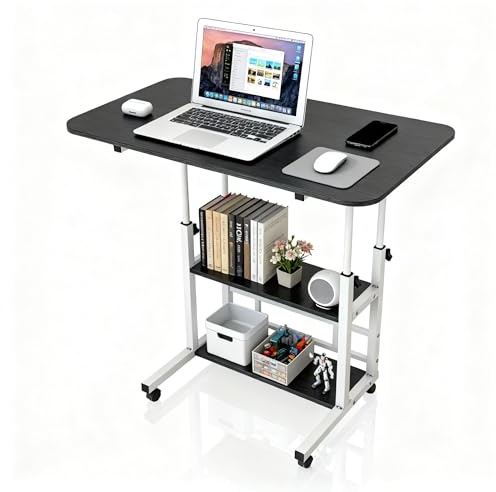 Yaong Gauo Laptoptisch mit Rollen 80x40cm，Laptop-Schreibtisch höhenverstellbar, Kleiner Computertisch mit Rollen, Computertisch Mobiler Gaming-Schreibtisch, 2 Ablagen, für fürs Sofa Bett