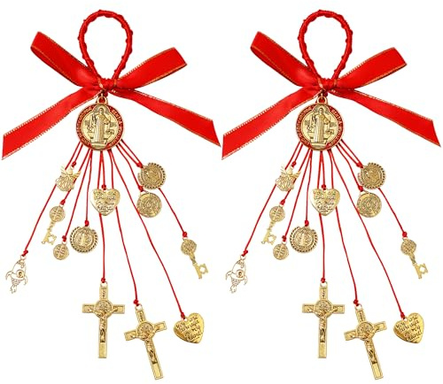 Kinoy 2 Pack Saint Benedict Medal & Crucifix – Catholic Protection Blessing Charm, San Benito Medalla Pendant – Handmade Religious Jewelry Gift for Men Women – Car Hanging, Home Decor (Gold)