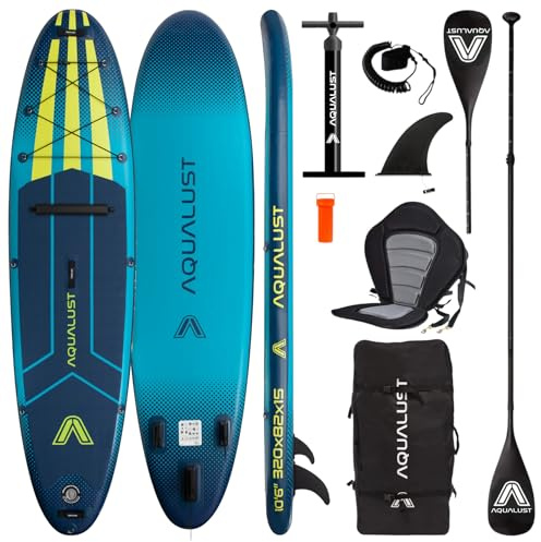 AQUALUST 10.6 iSUP Board Stand Up Paddle Set Surfboard aufblasbar 320cm SUP 150 KG türkis (Boardset+Kajakpaddel+Deluxe-Sitz)