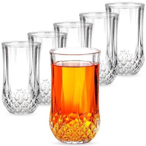 Vinsani Set of 6 Highball Whisky Glasses 300ml Tumbler Classic/Diamond Cut Transparent Vintage Whiskey Wine Rum Brandy Cocktail Gin Beer Drinkware Glasses Bar Gift Set for Men Women (Elegant)