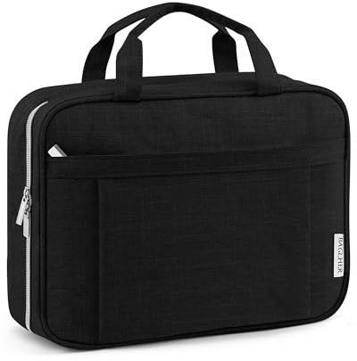 BAGLHER Travel Toiletry Bag for Women, Makeup Organizer Bag with Hanging Hook, Portable Cosmetic Case for Toiletries, Makeup, Travel Essentials, Large Black