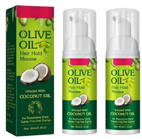 2X Mousse Capillaire Hydratante Naturelle À L'huile D'Olive Bio 120ml | Fixation Longue Durée Anti Frisottis | Pour Boucles, Tresses & Perruques | Soin Naturel Cheveux Bouclés, Crépus & Lissés