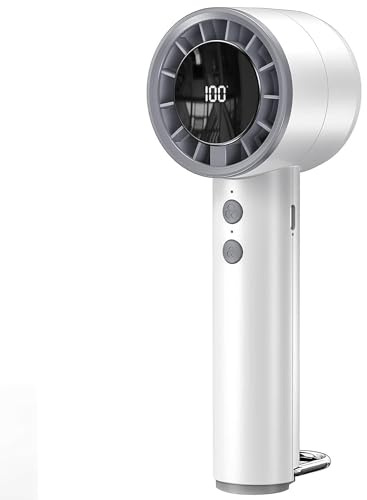 Ventilador de mano con batería de 3000 mAh, recargable por USB, 5 niveles de viento, indicador LED de nivel de batería y gancho de anillo en D, mini ventilador portátil para viajes, oficina (blanco)