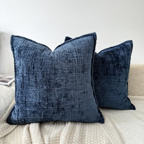 OYIMUA Textur Chenille Kissenbezug 40x40 Blau 2er Set Dekokissen | Landhaus Boho Sofakissen,Quadratische Modern Kopfkissenbezug für Bett Sofa,Wohnzimmer Schlafzimmer Deko Kissen bezug