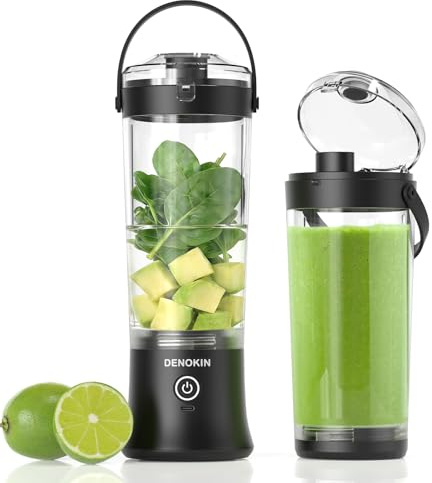 DENOKIN Tragbarer Mixer mit Trinkdeckel, 500ml, Mini Standmixer für Unterwegs, Wiederaufladbar mit USB-C, Kabellos Smoothie Maker to Go für Smoothies, Shakes, Schwarz