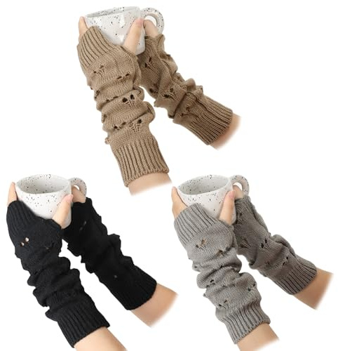 Smivyhp 3 Paar Grunge Handschuhe Fairy Grunge Zubehör Lange fingerlose Handschuhe Zerrissener Handschuh Gestreift Stricken Armwärmer Häkelhandschuh Winter Warme Handschuh
