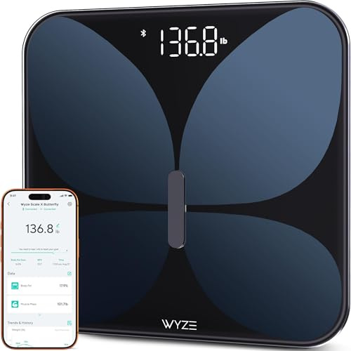 Wyze Smart Scale X Butterfly - Bathroom Scale for Body Weight, BMI, Body Fat, Muscle Mass, Accurate Bluetooth Digital Scale for Body Composition Analyzer | Sync Health Apps | ITO Glass, 400 lbs, Black