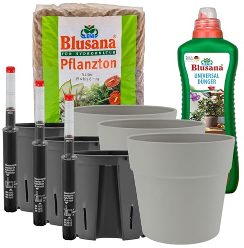 Leni Classic Hydrokultur Komplett-Set Ø 16 cm Höhe 14 cm 3er-Pack Grau | Übertopf mit Pflanzton und Dünger, Blumentopf, Hydro-Bewässerungssystem mit Kulturtopf und Gießanzeige, für Zimmerpflanzen
