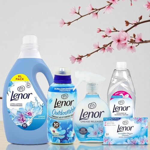 Lenor Spring Awakening Complete Laundry Bundle – Pack of 5 (Fabric Conditioner 80+Outdoorable Fabric Softener 50 washes,Crease Releaser, Ironing Water & Tumble Dryer Sheets)