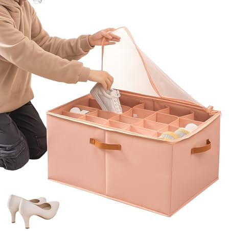KHANIX Shoe Organiser Box XL - 20 Compartments Shoe Storage with Zipper, Handles & Transparent Lid (PINK)