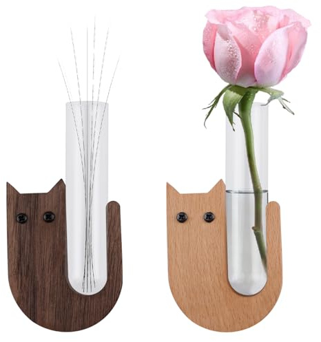 UFURMATE Kühlschrankmagnet mit Katzenschnurhaar, Vase, 2 Stück, Holz-Kühlschrankmagnete mit Glasröhre, magnetische Blumenvase, Kühlschrankzubehör für frische Blumen, Haustier-Schnurrhaar, Kräuter