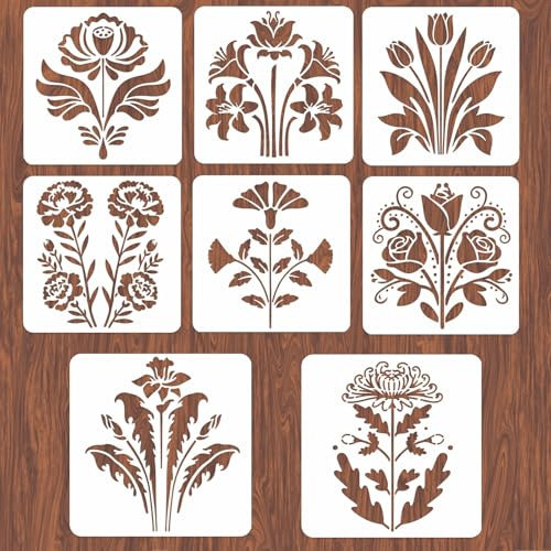 INFUNLY 8 Stück Blumen Rosen Malvorlage für Wände 11.8×11.8 Wiederverwendbare Narzissen Wandschablonen Chrysantheme Malvorlage Kleine Wandschablonen für Basteln Zement Holz Möbel Schlafzimmer