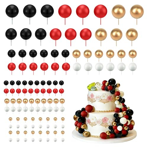 113Pcs Ball Cake Topper Decorations, Pearl Ball Shaped Cake Insert, Cake Topper Sticks Foam Balls Decorations for Birthday Party Wedding(Black Red Gold White)