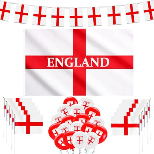 England World Cup 2026 Merchandise, World Cup Decorations 2026, 53PCS England Football Merchandise Include 1 Large England Flag 30 Bunting 10 Small Handheld Flag and 12 Balloon, for Garden Party Decor