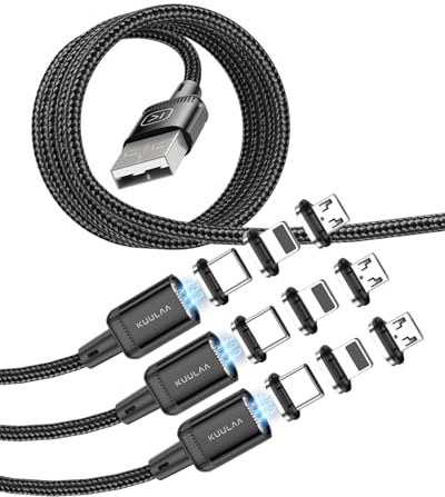 Kuulaa 3Stück Magnetisches Ladekabel, Magnetisches Lightning-Kabel, Magnetisches Handy-Ladegerät, 3A Schnellladung mit 3-in-1-Ladeadaptern, Nylon-ummanteltes Handykabel, kompatibel mit allen Geräten