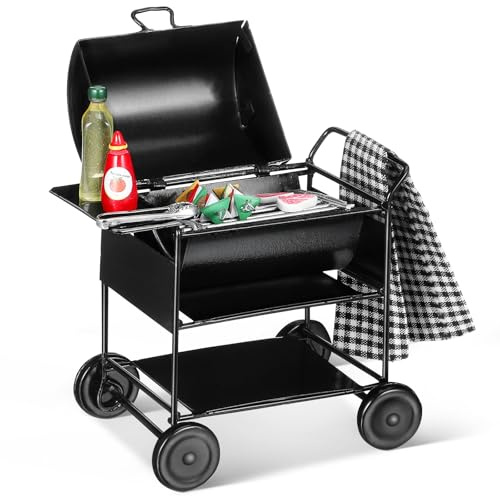 Hemobllo 1:12 Kindergrill Spielzeug Mini Grill, Puppenhaus Zubehör Küche und Garten, Miniatur Möbel Grillwagen Modell mit Lebensmittel, Rollenspiel Spielzeuggrill für Kinder Mädchen Jungen
