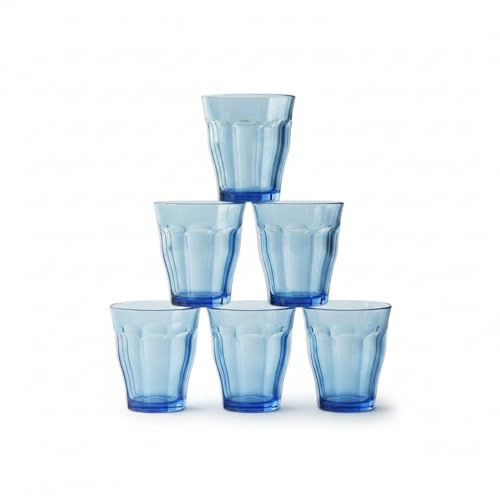 DURALEX | Set 6 Vasos de Cristal Agua 250 ml Picardie Marine Azul, Vasos Bajos de Vidrio Templado con Relieve, Apilables, Aptos Lavavajillas y Microondas, Hogar y Cocina