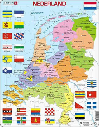 Larsen Puzzles K53 Niederlande Politische Karte, Niederländisch Ausgabe, Rahmenpuzzle für Kinder ab 6 Jahren, 48 Teile Lernpuzzle, Geographie Puzzle, stabiles Kinderpuzzle aus Karton