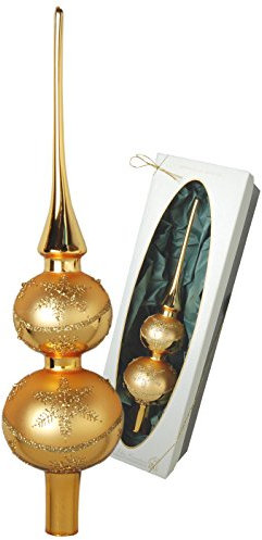Krebs Glas Lauscha - Christbaumschmuck/Christbaumspitze aus Glas - Doppelspitze - Farbe: Gold mit Schneesterndekor - Größe: ca. 30 cm - Made in Germany
