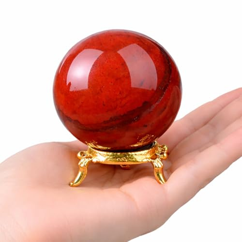 Crocon Red Jasper Stone Sphere with Stand Gemstone Crystal Sphere Healing Ball Sculpture Figurine for Fengshui Divination Home Decoration Photography Size: 50-60mm